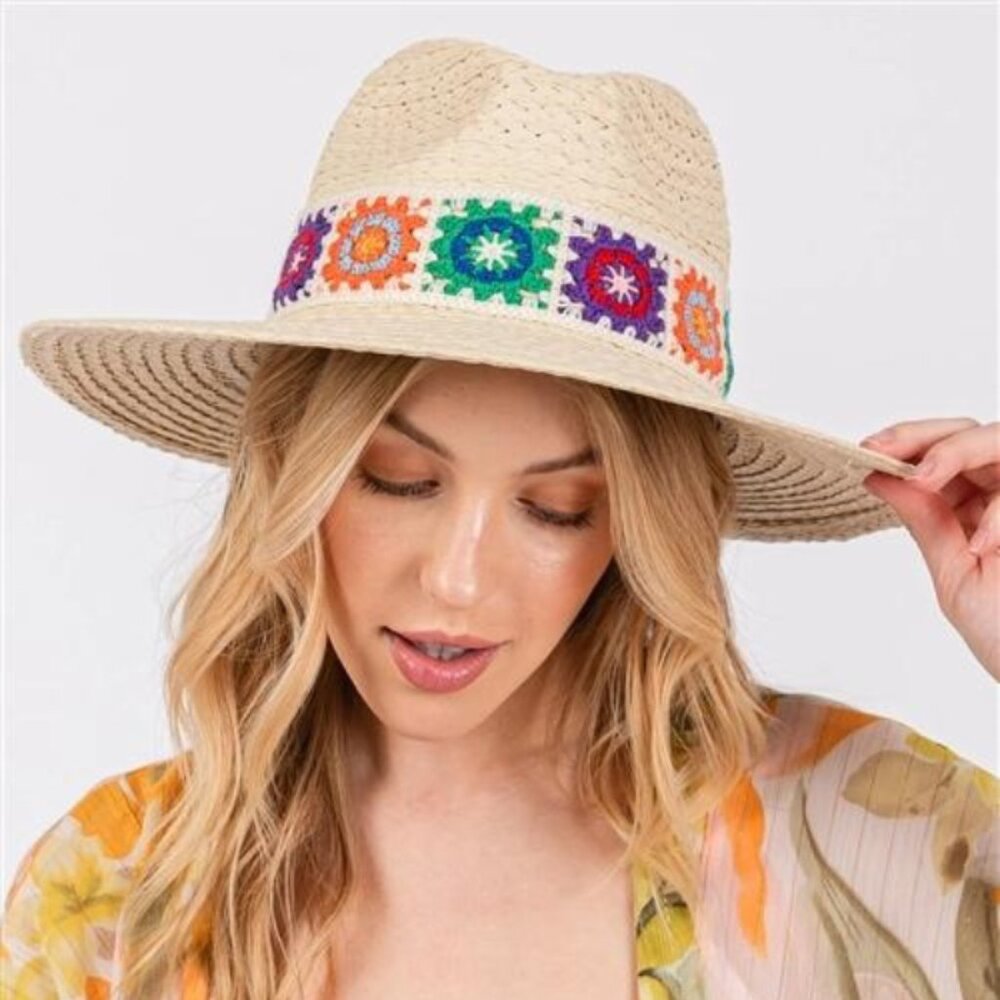 Floral Crochet Band Straw Hat "BEIGE"